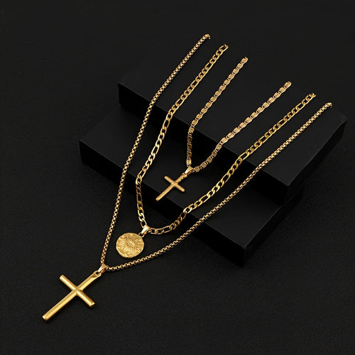 Unisex Cross Disc Pendant Plated Stainless Steel 3-Piece Necklace Jewelry