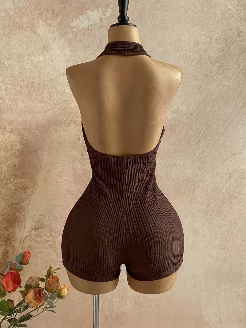 Women's Backless Deep V-Neck Ring Design Minimalist Solid Jumpsuit