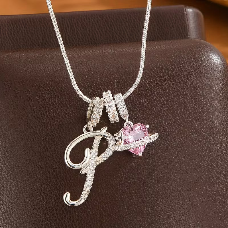 Women's Pink Heart Initial Letter Pendant Clavicle Chain Necklace Jewelry