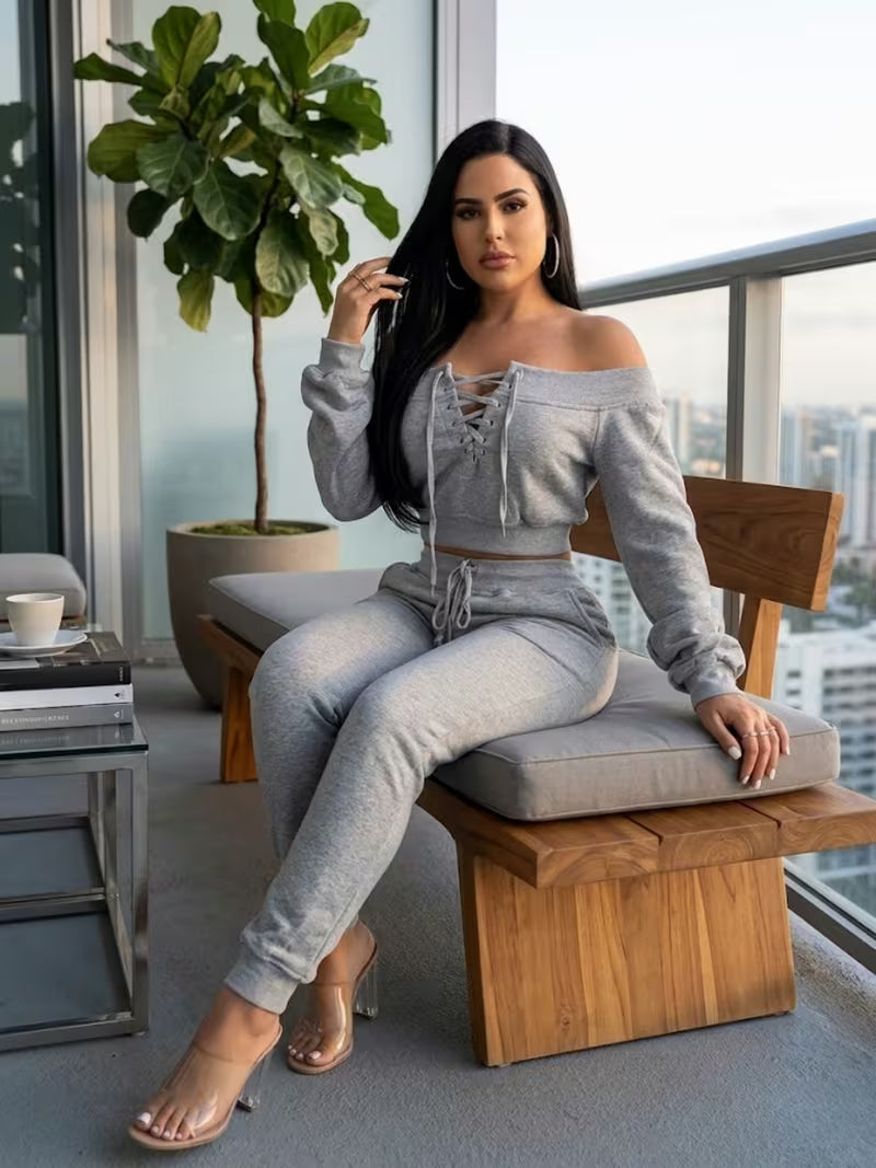 Women's Casual Sweatsuit Set Off Shoulder Lace Up Crop
