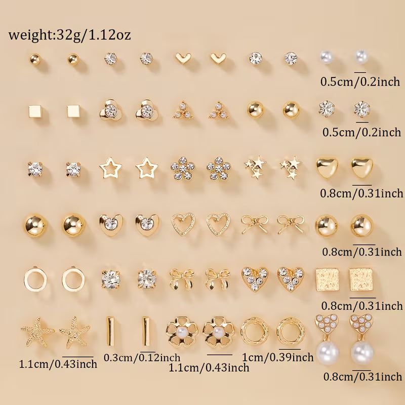 Women's Heart Bow Geometric Plated Glass 30-Pair Stud Earrings Set