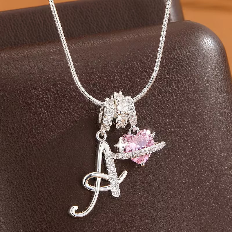 Women's Pink Heart Initial Letter Pendant Clavicle Chain Necklace Jewelry
