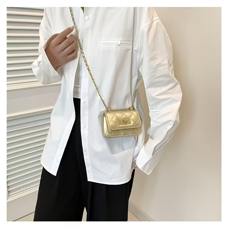 Kids' Diamond Golden Faux Leather Lock Mini Chain Crossbody Bag