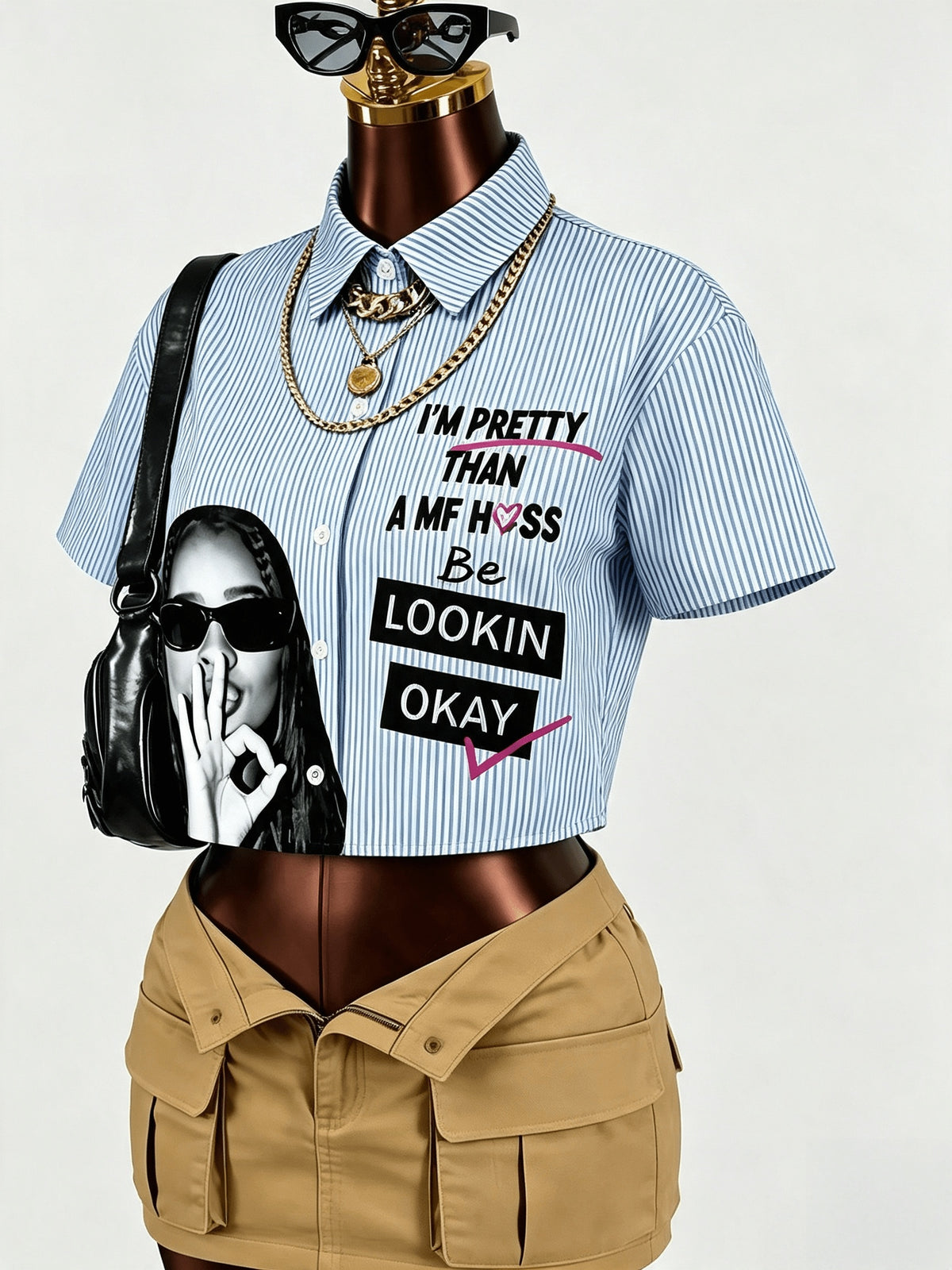 Women's Stylish Striped Portrait Print Lapel Collar Cropped Shirt