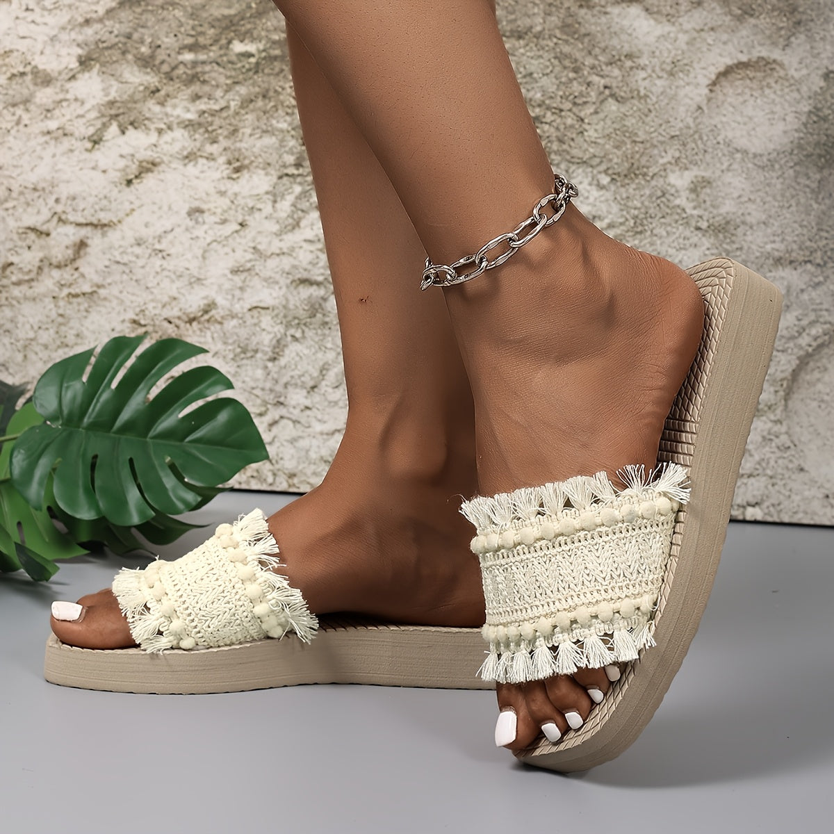 Women's Casual Beach Thick Sole Slides Tassel Sandal