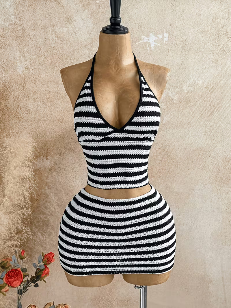 Women's Striped Halter Top And Short Skirt Set Y2K ASD1