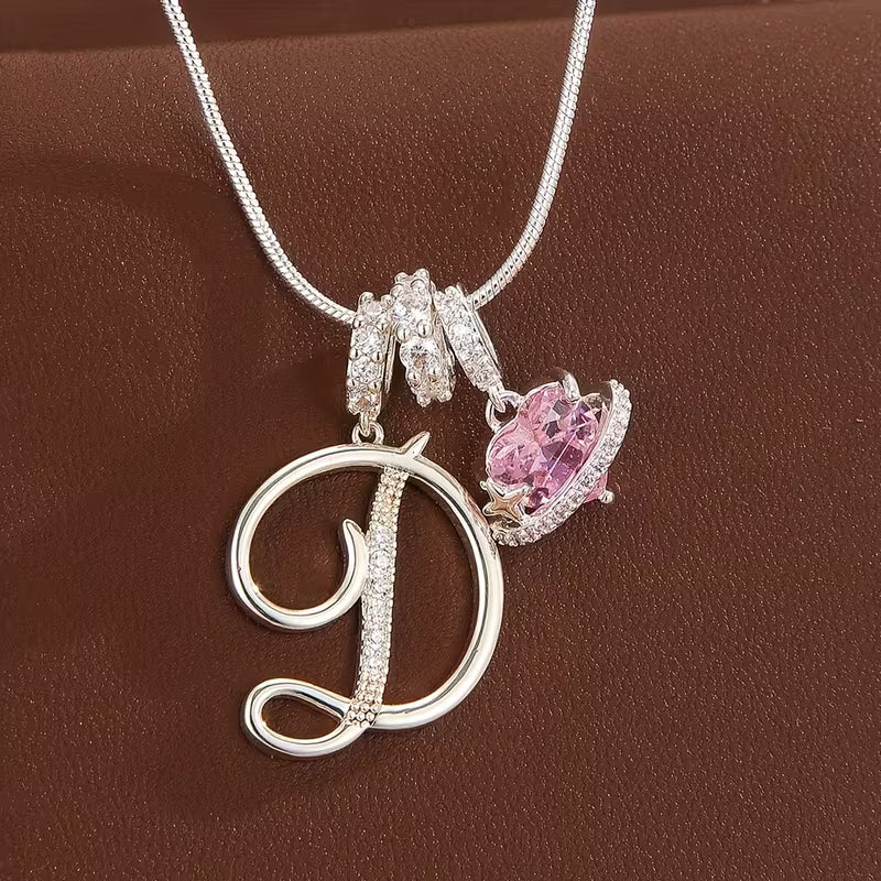 Women's Pink Heart Initial Letter Pendant Clavicle Chain Necklace Jewelry