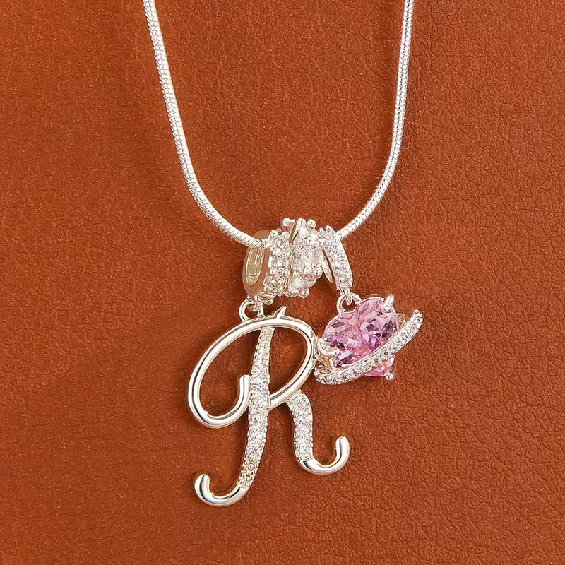Women's Pink Heart Initial Letter Pendant Clavicle Chain Necklace Jewelry