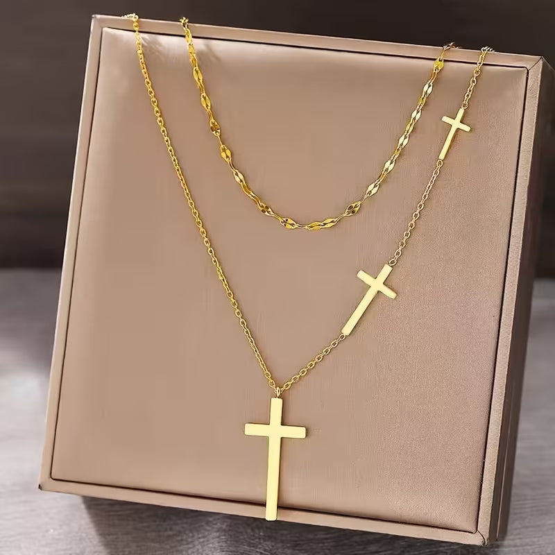 Unisex Double Layer Cross Pendant 18K Gold Plated Stainless Steel Necklace Jewelry