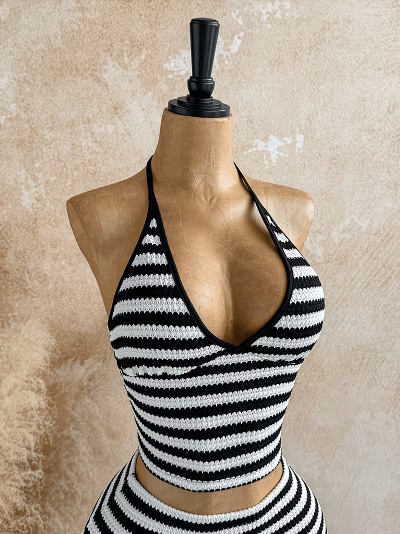Women's Striped Halter Top And Short Skirt Set Y2K ASD1