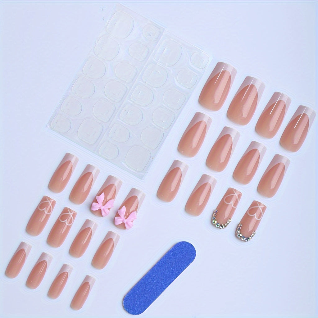 Women's 24-Piece Medium Long Square Rhinestone Bow Press-On Nails