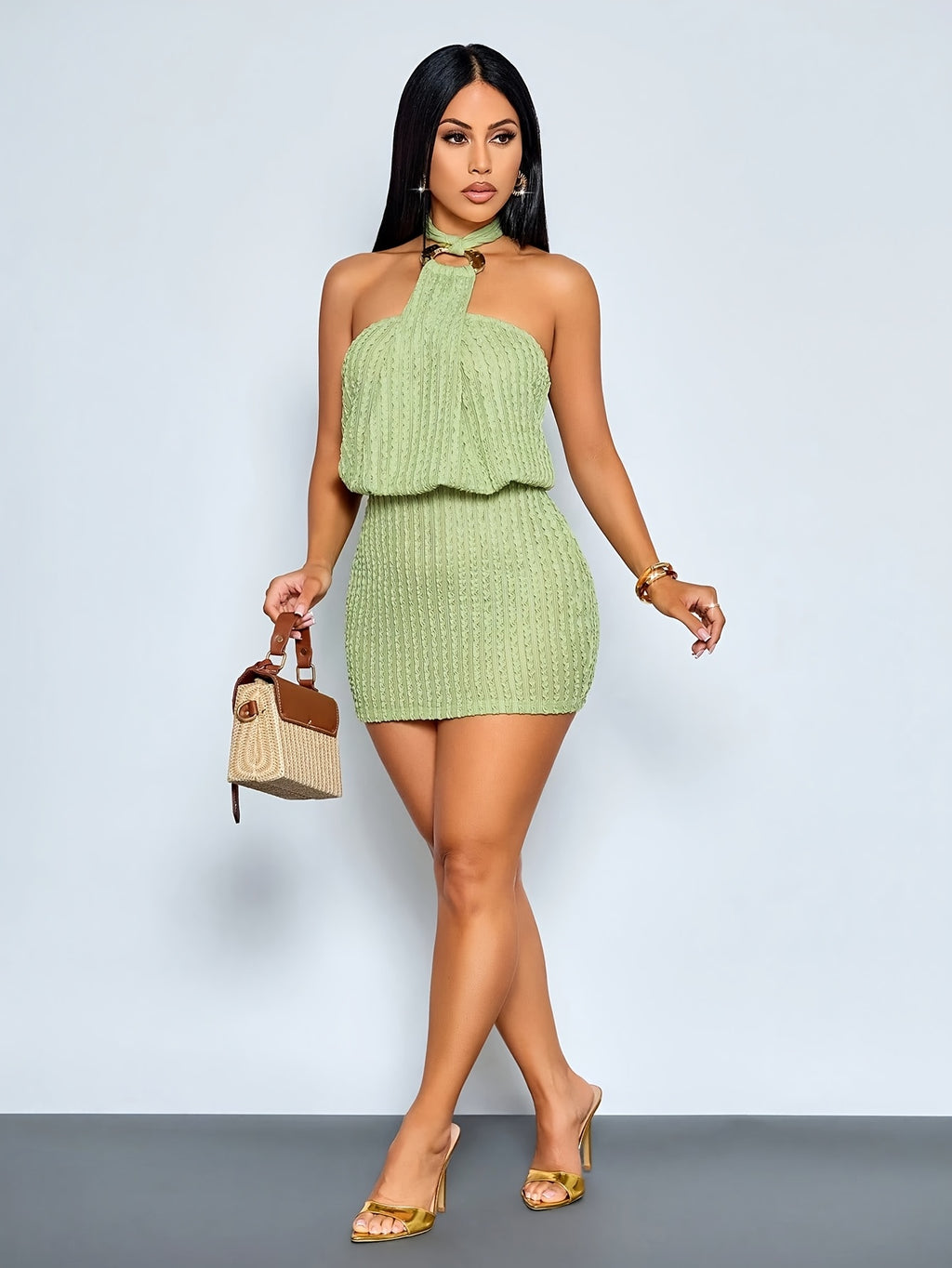 Women's Textured Halter Mini Dress Elegant Vacation Party