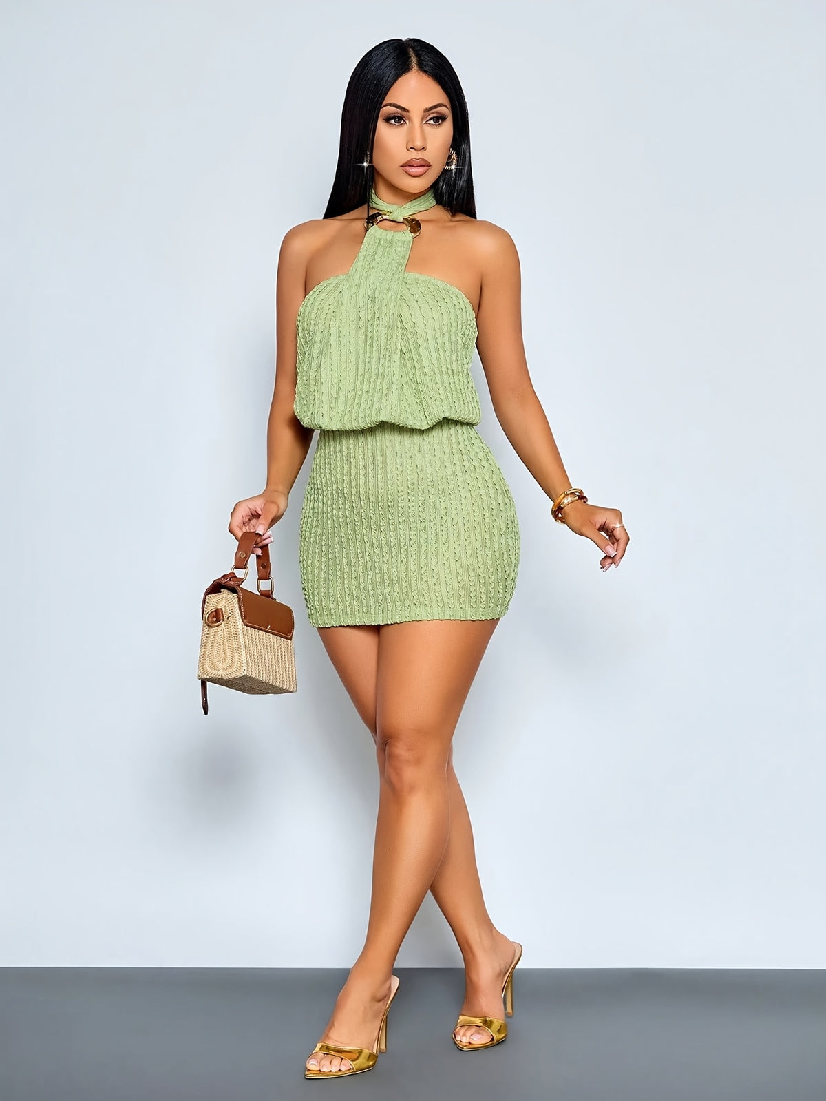 Women's Textured Halter Mini Dress Elegant Vacation Party