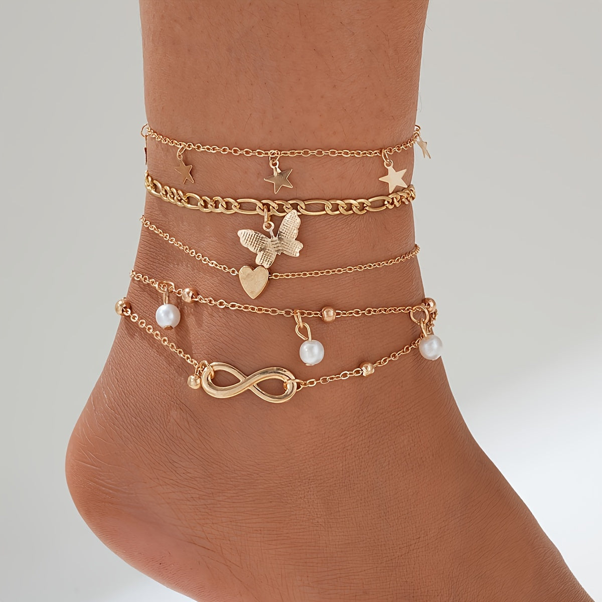 Women's Faux Pearl Butterfly Geometric 22-Piece Anklet Set Jewelry