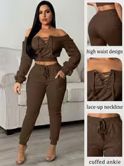 Women's Casual Sweatsuit Set Off Shoulder Lace Up Crop