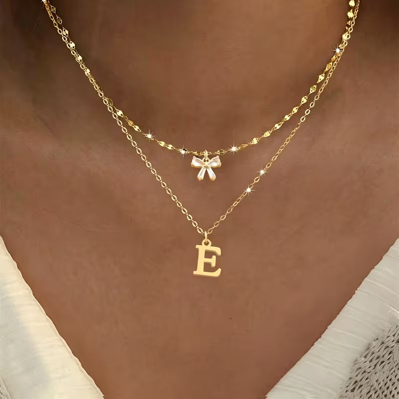 Women's Crystal Bow Initial Pendant Stainless Steel Lip Chain Necklace Set