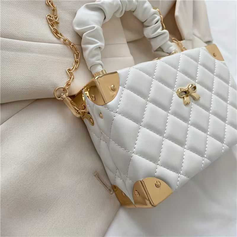 Women's Quilted Mini Box Bag Elegant Ruched Handle
