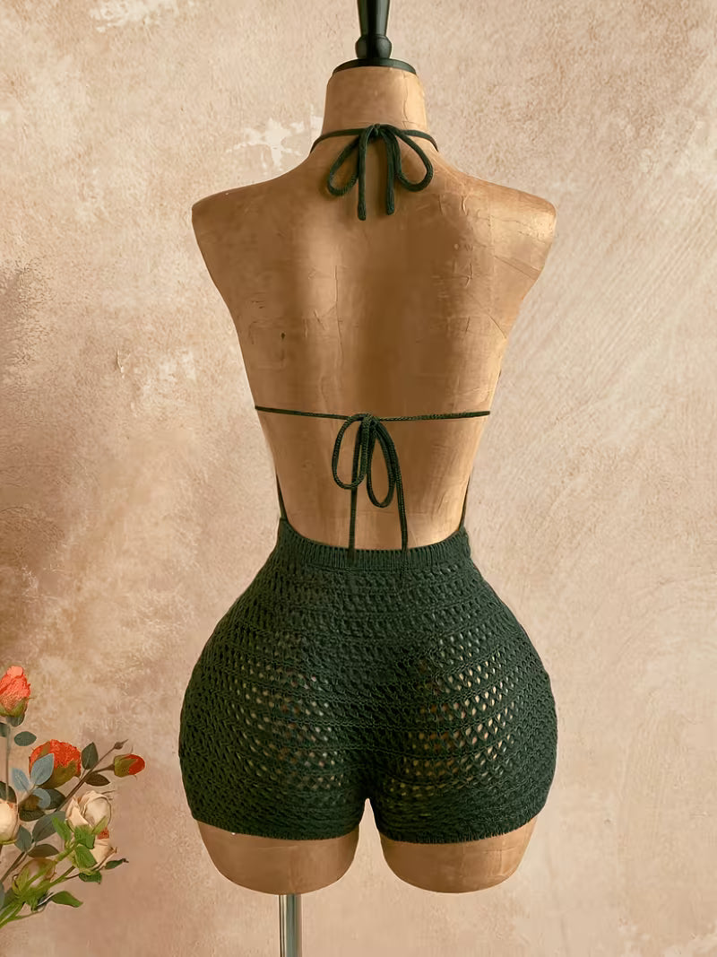 Women's Textured Halter Neck Summer Vacation Short Jumpsuit