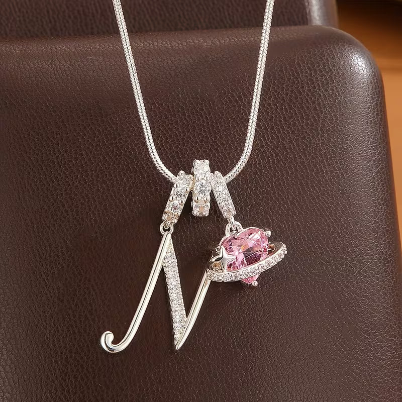 Women's Pink Heart Initial Letter Pendant Clavicle Chain Necklace Jewelry