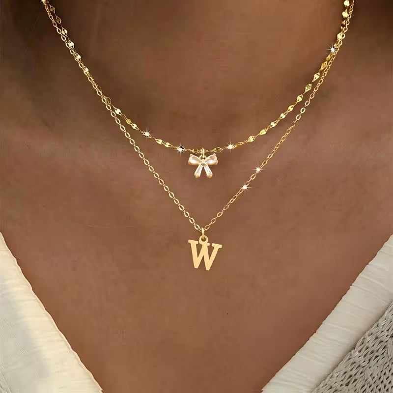Women's Crystal Bow Initial Pendant Stainless Steel Lip Chain Necklace Set