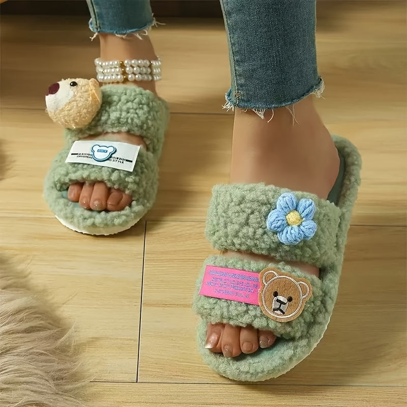 Women's Fluffy Cartoon Bear Patch Flat Sole Slippers