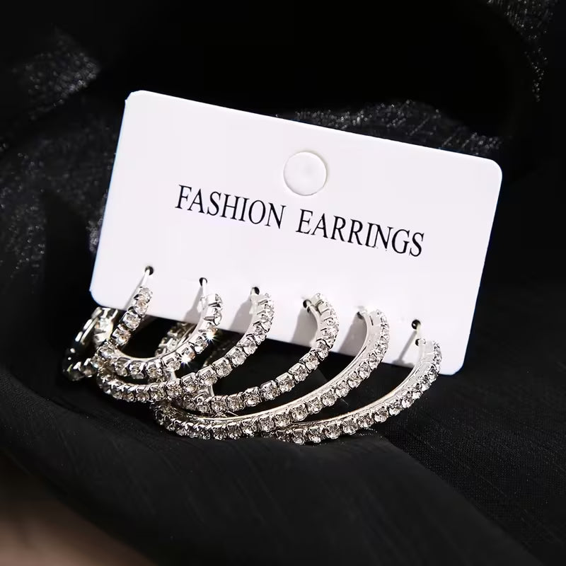 Women's C-Shaped Crystal Hoop Earrings Minimalist Jewelry Set