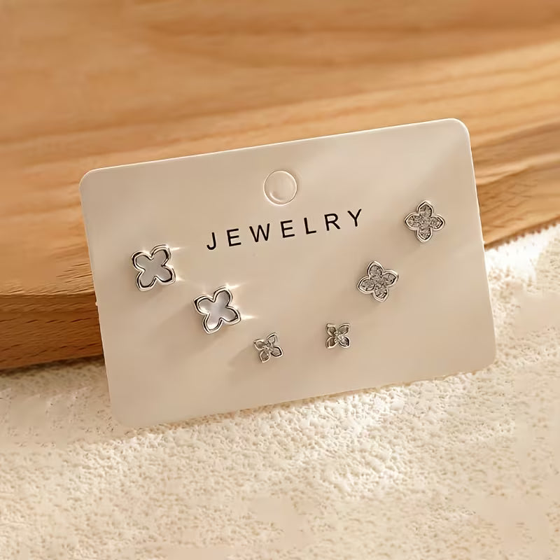 Women's Four-Petal Flower Plated Minimalist Studs Small Hoops Earrings Set