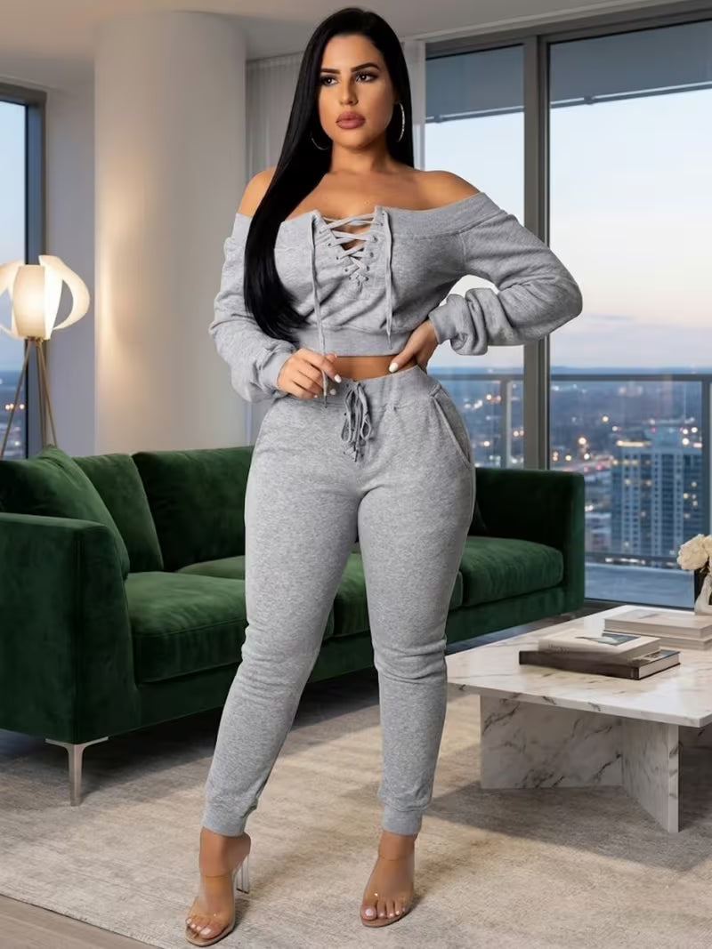 Women's Casual Sweatsuit Set Off Shoulder Lace Up Crop