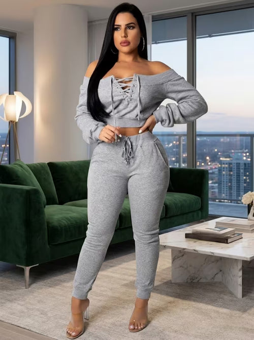 Women's Casual Sweatsuit Set Off Shoulder Lace Up Crop