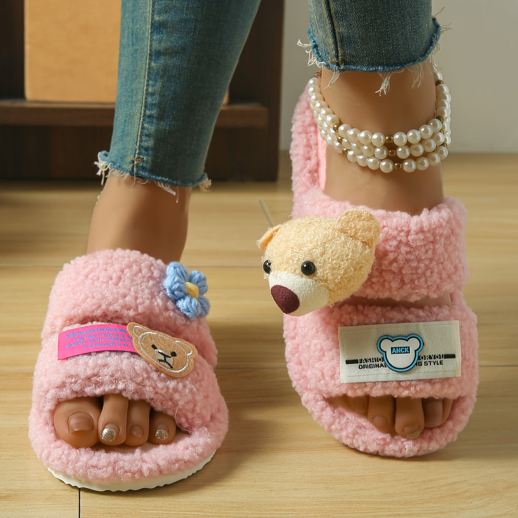 Women's Fluffy Cartoon Bear Patch Flat Sole Slippers