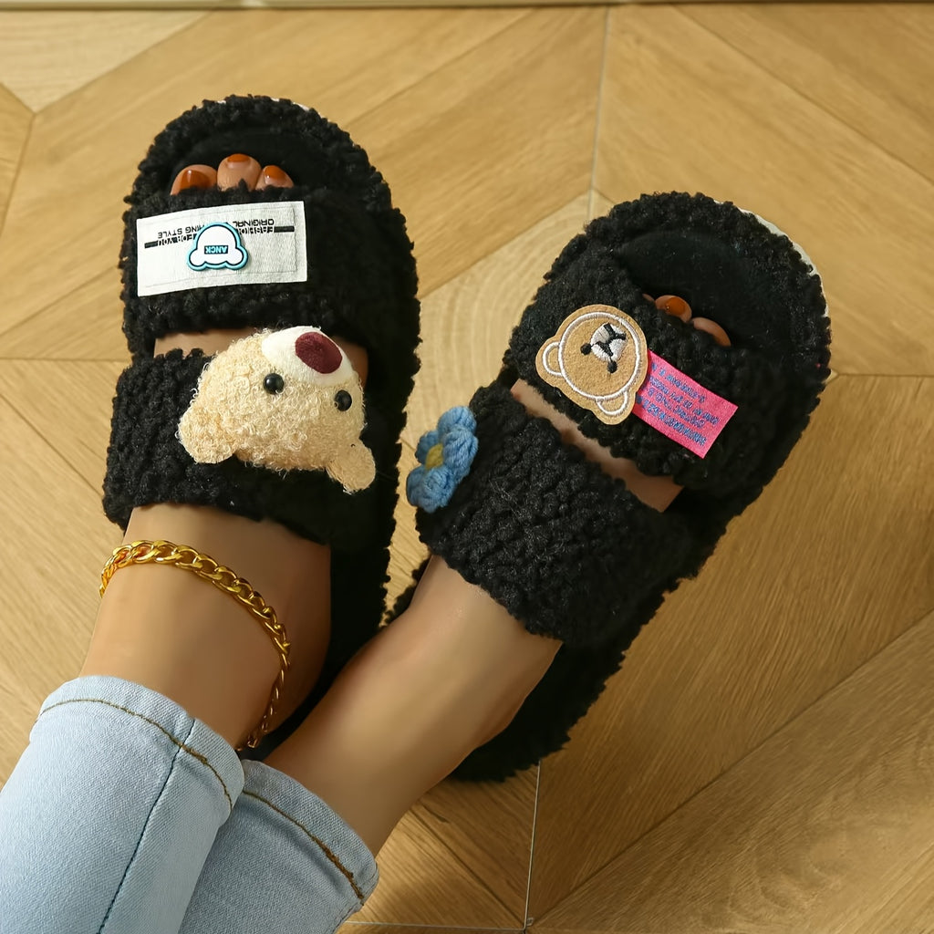 Women's Fluffy Cartoon Bear Patch Flat Sole Slippers