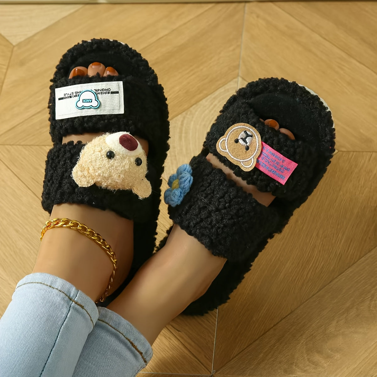 Women's Fluffy Cartoon Bear Patch Flat Sole Slippers