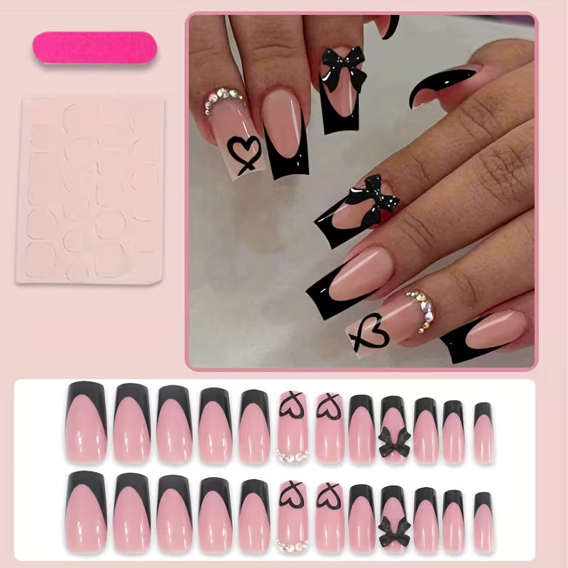 Women's 24 Pcs Press-On Nails Black French Tip Bow Design Square Medium