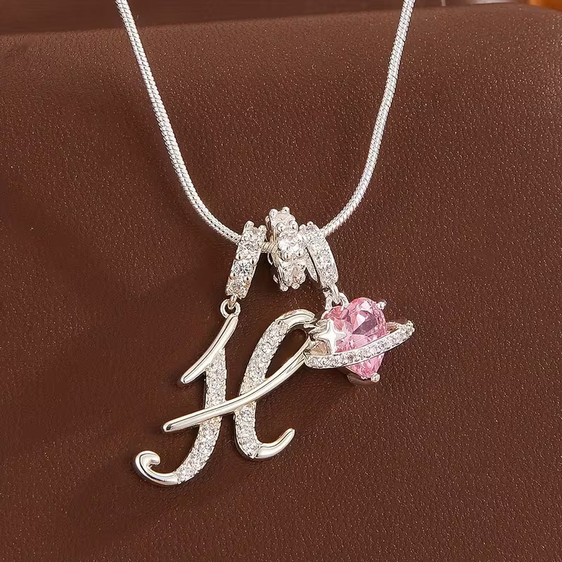 Women's Pink Heart Initial Letter Pendant Clavicle Chain Necklace Jewelry