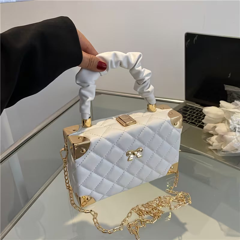 Women's Quilted Mini Box Bag Elegant Ruched Handle
