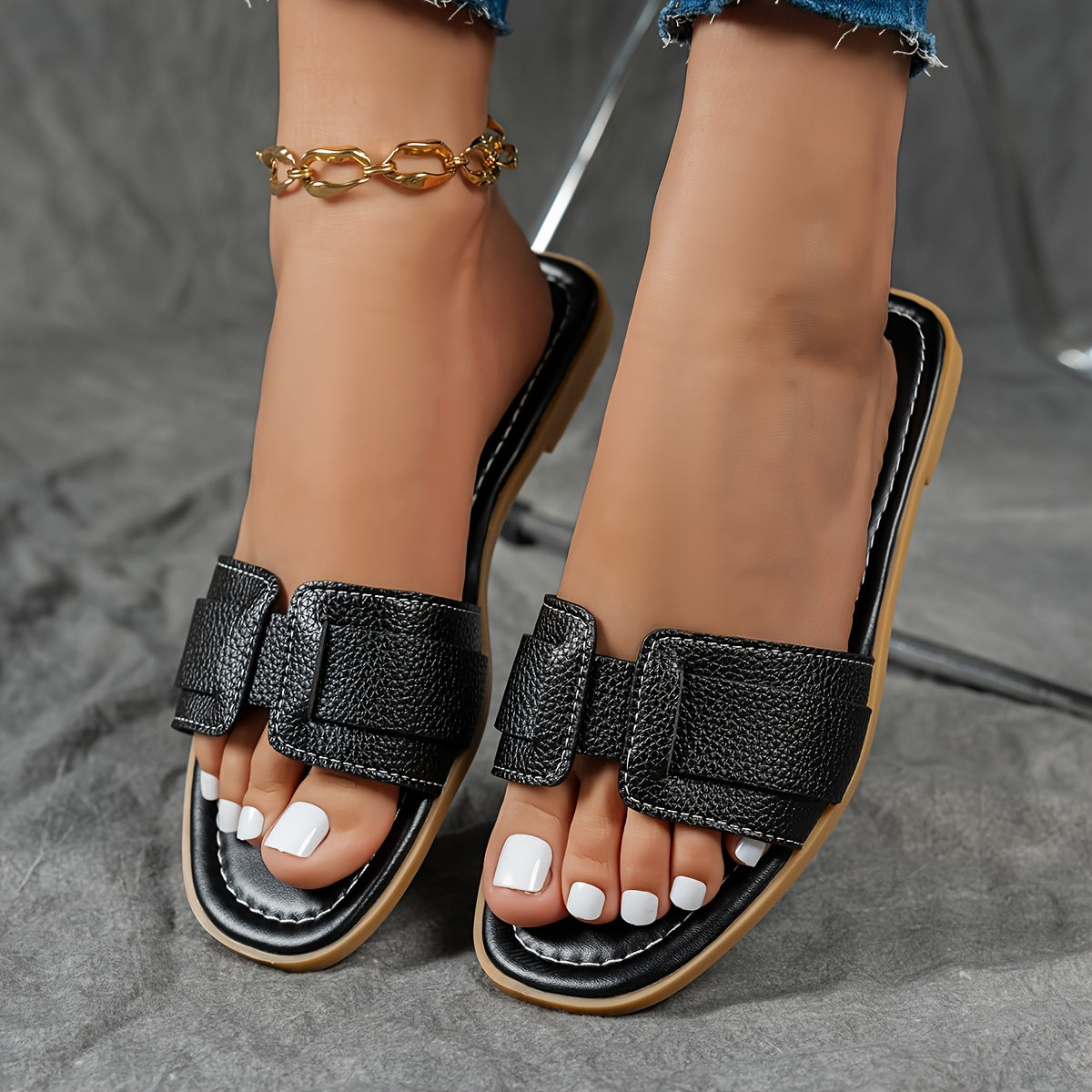Women's Vintage Square Toe Woven Buckle Flat Sandals