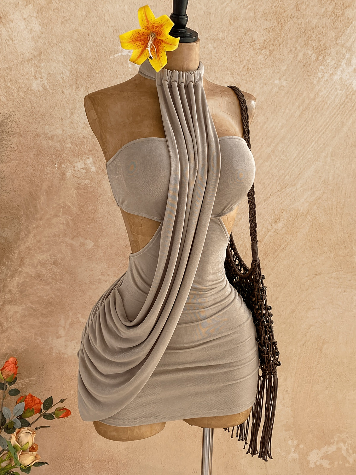 Women's Shawl Style Asymmetrical Flowing Tie-Back Khaki Mini Dress