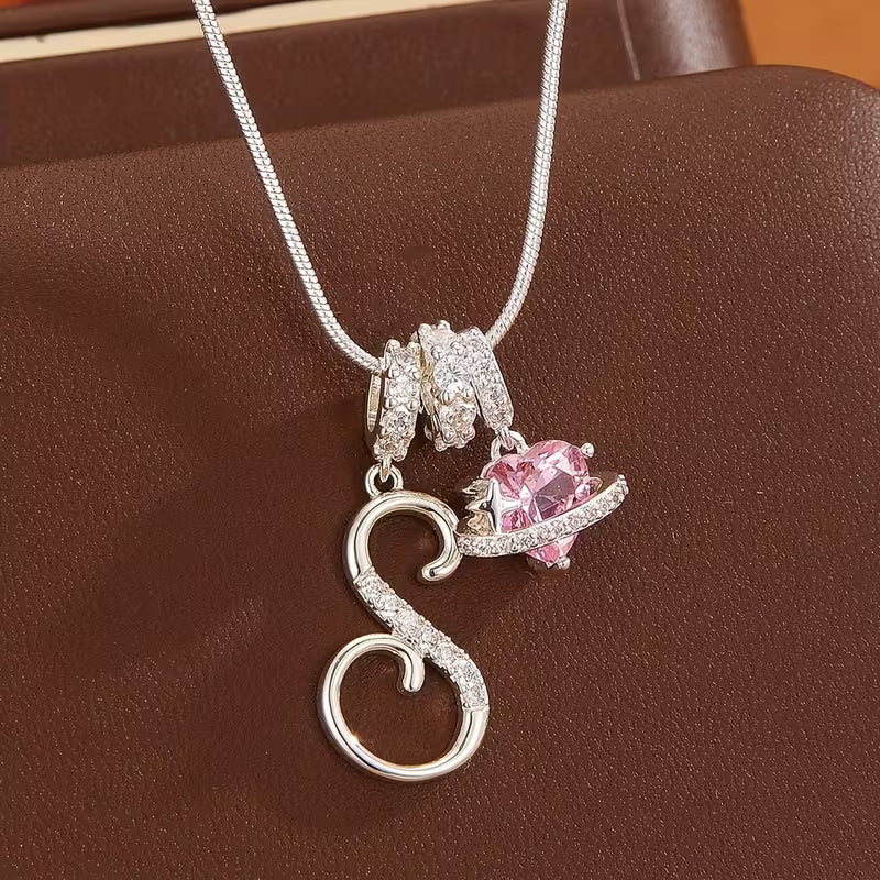 Women's Pink Heart Initial Letter Pendant Clavicle Chain Necklace Jewelry