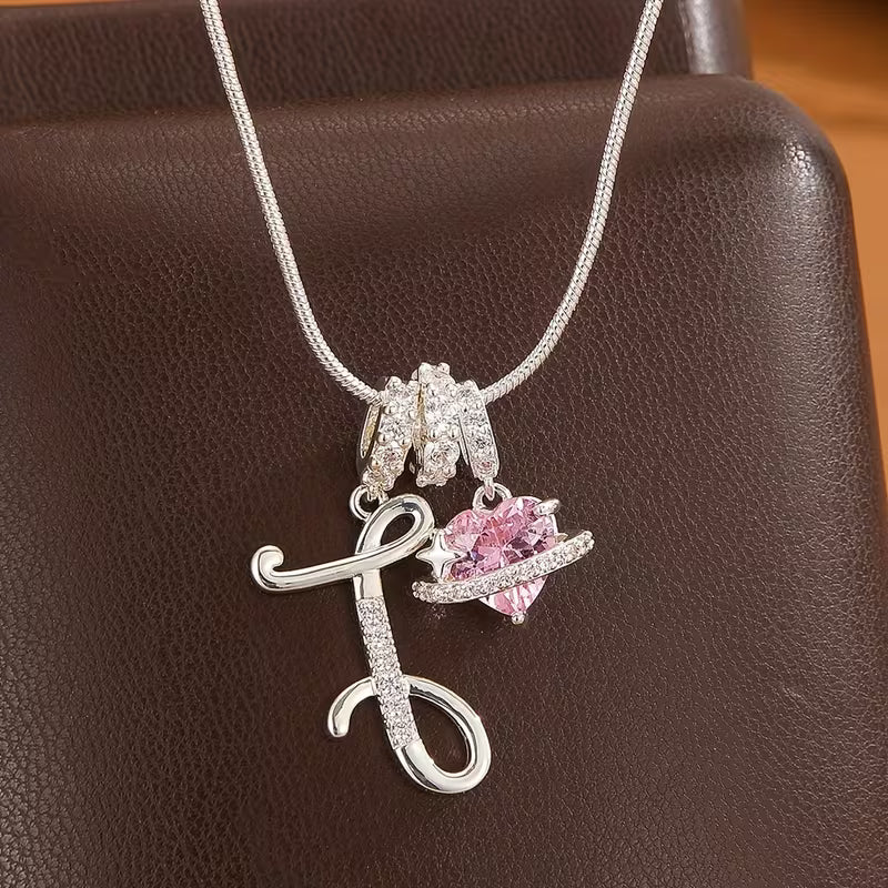 Women's Pink Heart Initial Letter Pendant Clavicle Chain Necklace Jewelry