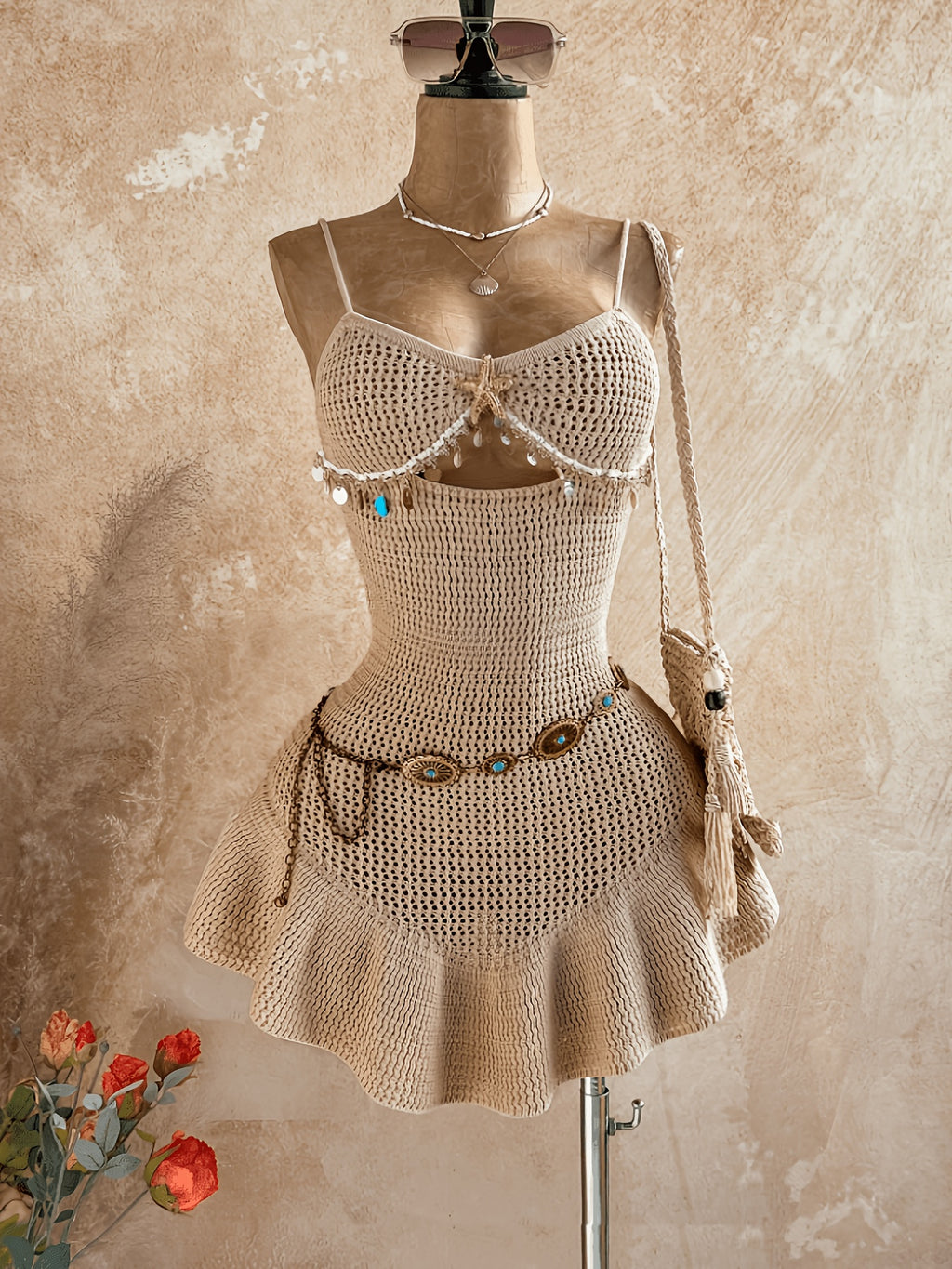 Women's Bohemian Cut-Out Neckline Ruffled Hem Tassel Dress