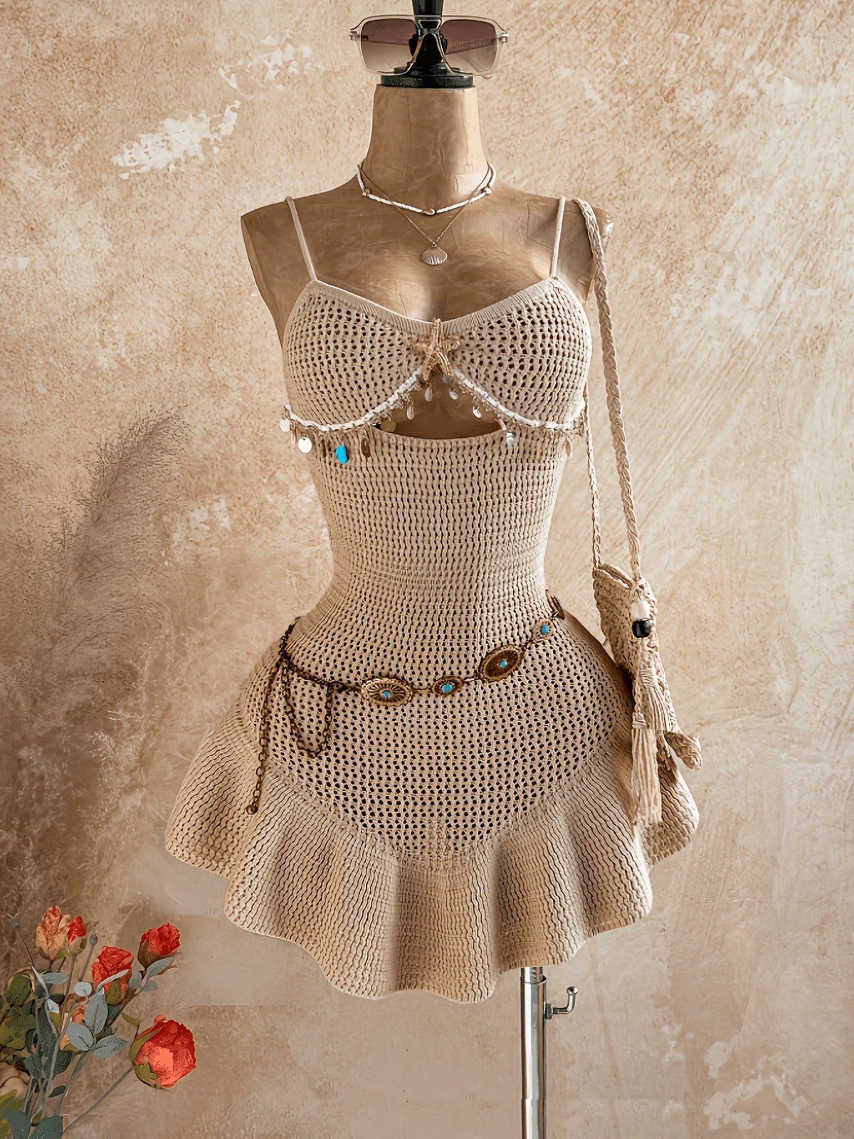 Women's Bohemian Cut-Out Neckline Ruffled Hem Tassel Dress