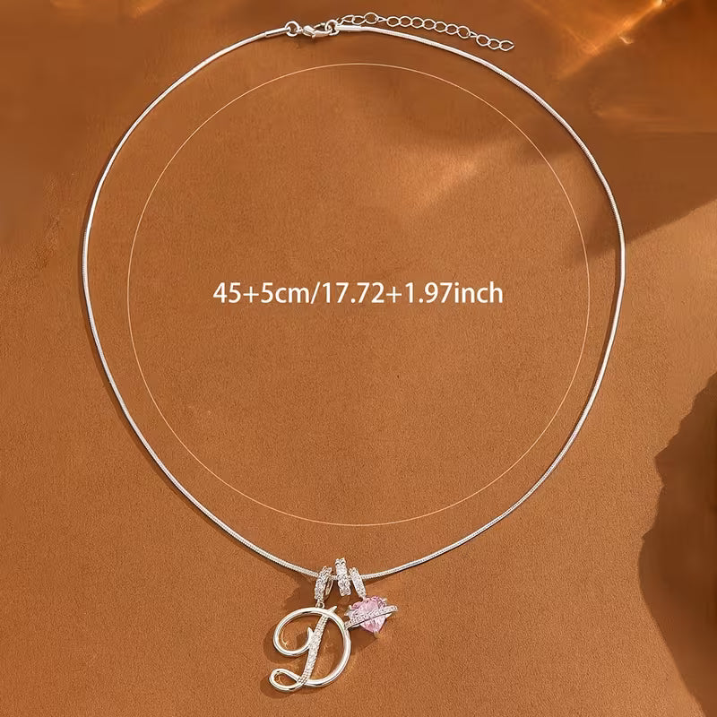 Women's Pink Heart Initial Letter Pendant Clavicle Chain Necklace Jewelry