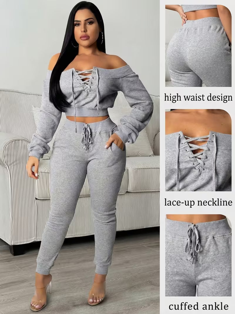 Women's Casual Sweatsuit Set Off Shoulder Lace Up Crop
