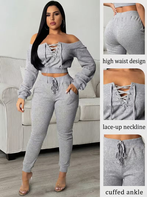 Women's Casual Sweatsuit Set Off Shoulder Lace Up Crop