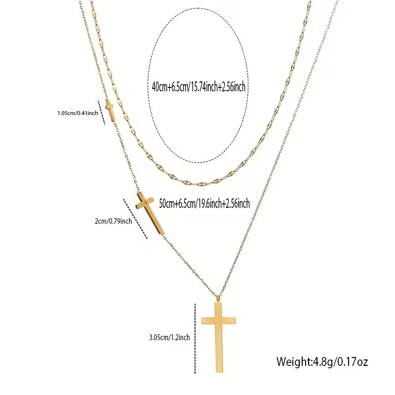 Unisex Double Layer Cross Pendant 18K Gold Plated Stainless Steel Necklace Jewelry