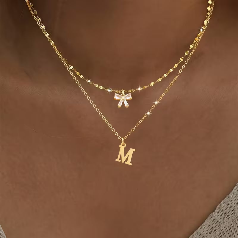 Women's Crystal Bow Initial Pendant Stainless Steel Lip Chain Necklace Set