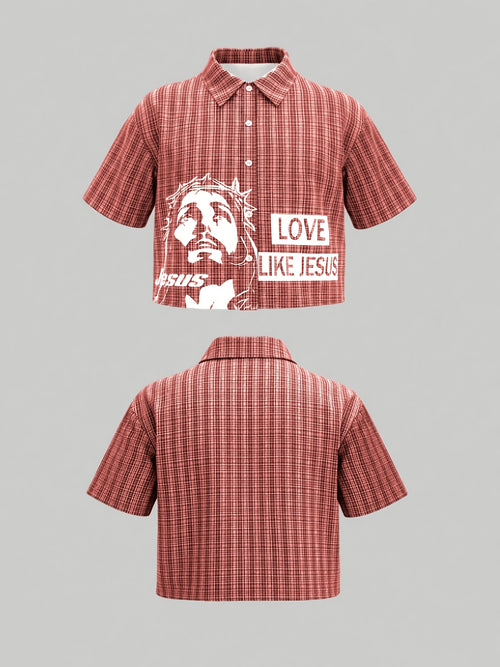 Women's Casual Check Portrait Print Short Sleeve Shirt
