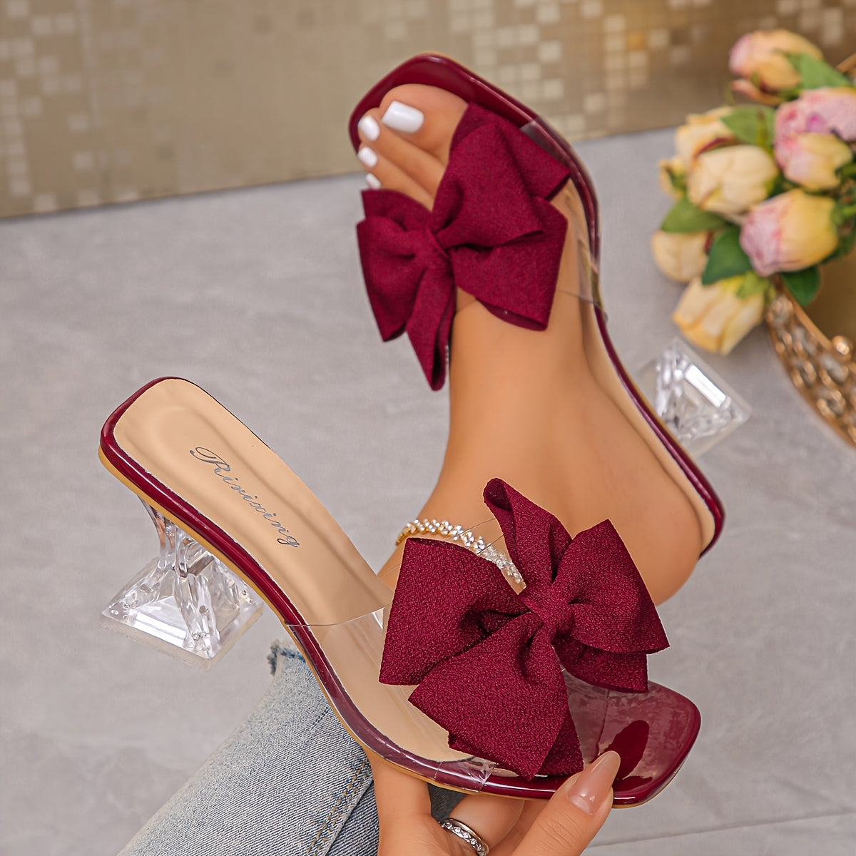 Women's High-Heeled Shoes Bow Square-Toe Elegant Sandals