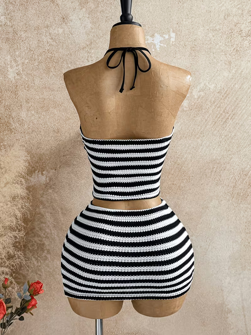 Women's Striped Halter Top And Short Skirt Set Y2K ASD1
