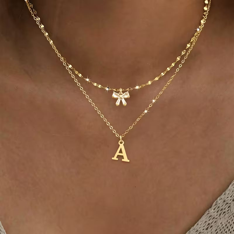 Women's Crystal Bow Initial Pendant Stainless Steel Lip Chain Necklace Set
